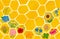 Floral sweet honey background. Watercolor texture of beehive honeycomb, meadow flowers, wildflowers. Yellow organic