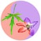 Floral symbol Yin-Yang. Delphinium, larkspur. Geometric pattern of Yin-Yang symbol, on colored background in oriental style. Yin