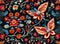 Floral tapestry with butterflies, flowers and petals.
