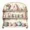 Floral Teacups And Mugs On A Digitally Enhanced Wooden Shelf