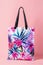 Floral tote bag with vibrant flower and butterfly design