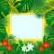 Floral tropical frame. Flowers vector illustration. background with jungle plants, palms leaves. beautiful tropic border frame.