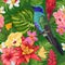 Floral Tropical Seamless Pattern with Exotic Flowers and Humming Bird. Blooming Flowers, Birds, Palm Leaves Background