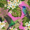 Floral Tropical Seamless Pattern with Exotic Flowers and Humming Bird. Blooming Flowers, Birds, Palm Leaves Background