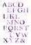 Floral typeface set in violet shades. Poster capital letters of the Latin. Artistic watercolor script font. Typography