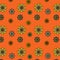 Floral vector pattern: multicolored flowers with many petals on an orange background. Main colors: yellow, orange, blue, pink.