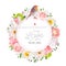 Floral vector round card with white peony, peachy rose and ranunculus, dahlia, carnation flowers, green hydrangea, mixed plants an