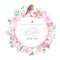 Floral vector round card with white and pink peony, rose, alstroemeria lily, eucalyptus, mixed plants and cute small robin bird