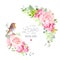 Floral vector round frame with cute small robin bird