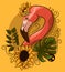 Floral vectorial drawing with a flamingo neck with flowers. Exotic bird with palm monstera leaves and yellow sunflowers