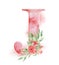 Floral watercolor alphabet. Monogram initial letter J design with hand drawn peony flower
