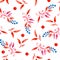 Floral watercolor seamless pattern with leaves and berries in red and blue colors on white background