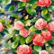 Floral Watercolor Seamless Pattern with Pink Red Camellias and Green Leaves on Blue Backdrop