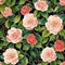 Floral Watercolor Seamless Pattern with White and Red Camellias with Green Leaves on Black Backdrop