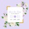 Floral Wedding Invitation. Save the Date Card with Blooming White Peony Flowers and Golden Frame. Romantic Botanical