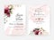 Floral wedding invitation template set with burgundy and peach roses flowers and leaves decoration. Botanic card design concept