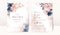 Floral wedding invitation template set with navy and peach watercolor roses and leaves decoration. Botanic card design concept