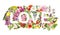 Floral word Love with flowers, grass, birds. Watercolor text