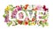 Floral word Love flowers, grass, herb . Watercolor text