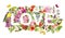 Floral word Love with meadow flowers, wild grass, ditsy butterflies and cute birds. Watercolor text