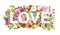 Floral word Love text, flowers, grass. Watercolor