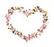 Floral wreath - heart shape. Pink flowers, boho feathers. Watercolor for Valentine day, wedding