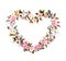 Floral wreath - heart shape. Pink flowers, feathers, keys. Watercolor for Valentine day, wedding
