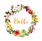 Floral wreath with Hello text. Summer meadow flowers and butterflies. Ditsy watercolor
