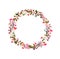 Floral wreath with pink flowers, hearts, keys. Watercolor circle border for Valentine day, wedding