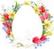 Floral wreath with pretty bunny, daffodils and red tulips. Space for text, greeting template for festive cards, posters, Easter