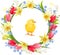 Floral wreath with pretty chicken, daffodils and red tulips. Greeting template for festive cards, posters, Easter announcements