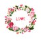 Floral wreath - roses flowers, feathers, hearts and Love text. Watercolor round border for Valentine day, wedding