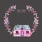 Floral wreath with watercolor cartoon private house in purple and pink shades