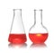 Florence and conical flasks with liquid samples. Chemistry glassware