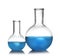 Florence flasks with liquid samples. Chemistry glassware