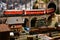 Florence, ITALY- November 2021: Railway model with Swiss Bernina Express Train on viaduct in mountains ambientation