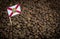 Florida flag sticking in roasted coffee beans. The concept of export and import of coffee