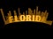 Florida lettering on gold silhouette of the city of Miami , black backround