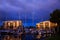 Florida marina community.  Condos at blue hour overlooking boats in a marina