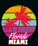 Florida Miami Beach sunset print t-shirt design. Poster glitch palm tree silhouettes