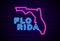 Florida US state glowing neon lamp sign Realistic vector illustration Blue brick wall glow