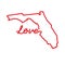 Florida US state red outline map with the handwritten LOVE word. Vector illustration