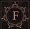 Florishes gold letter F calligraphic heraldic dark background