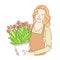 Florist girl with a pot of beautiful flowers tulips