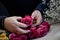 florist making bouquets of pink roses for valentine\'s day