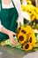 Florist preparing sunflowers bouquet flower shop assistant