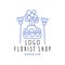 Florist shop logo premium, flower boutique logo design hand drawn vector Illustration in blue color on a white