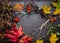 Florist table for Making autumn decorations with leafs,shears and ribbon, fall background