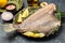 Flounder Fish. Seafood. Food recipe background. Close up