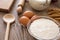 Flour and eggs preparing baking ingredients